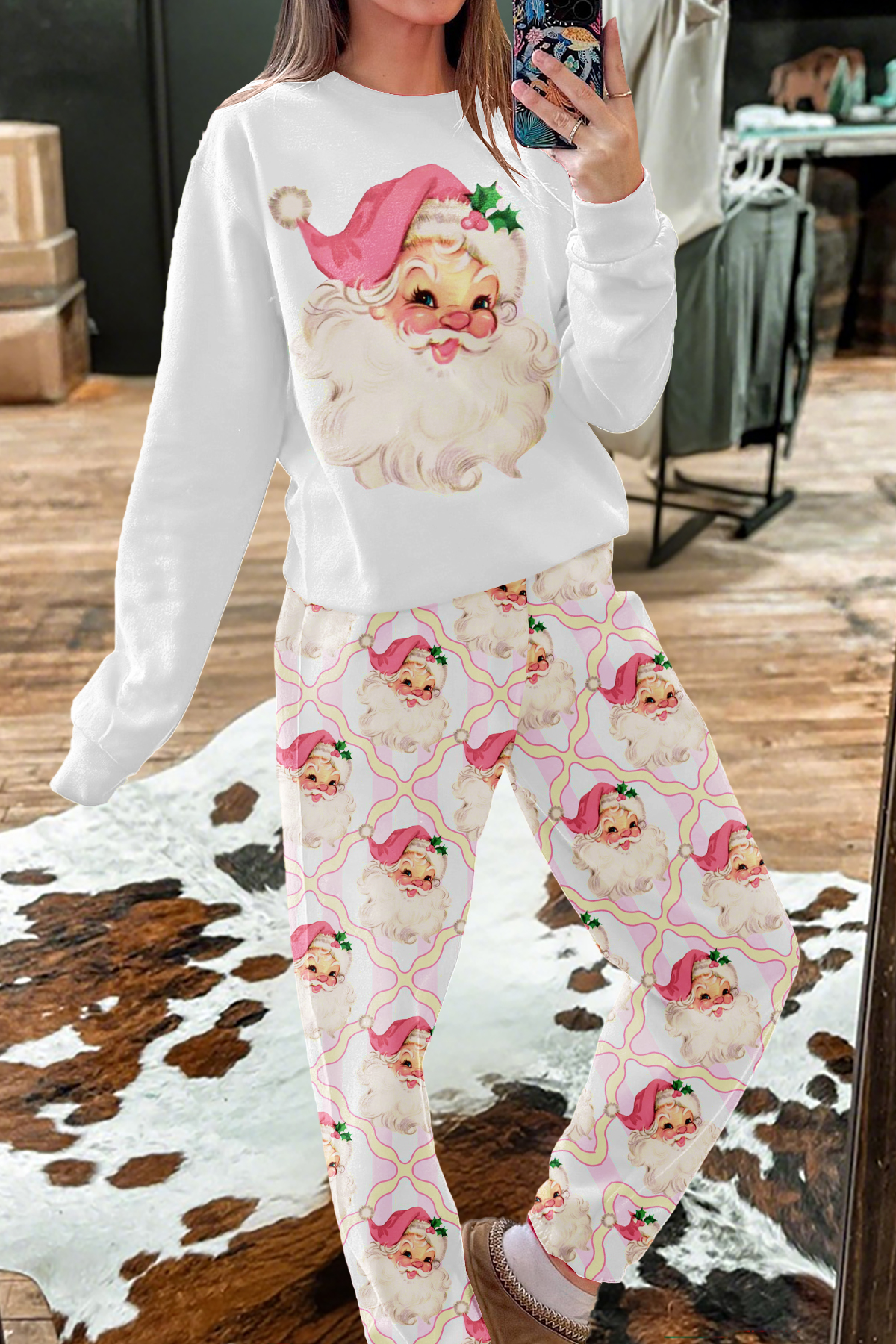 Christmas Santa Claus Print Top and Pants Two-Piece Set