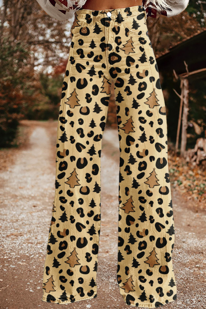 Christmas Tree and Leopard Wide-Leg Pants