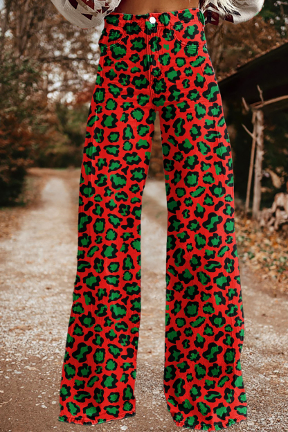 Christmas Leopard Wide-Leg Pants