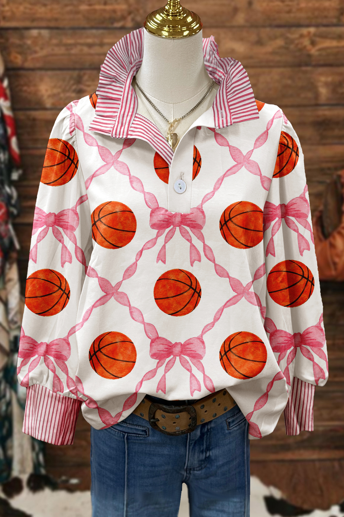 Basketball Game Day Bow Stand Collar Blouse