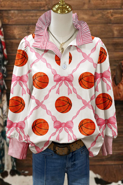 Basketball Game Day Bow Stand Collar Blouse