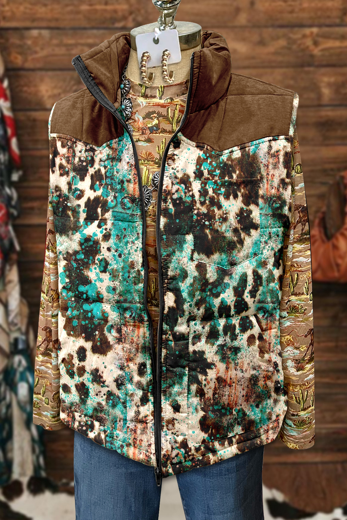 Western Cow Print Pocket Vest