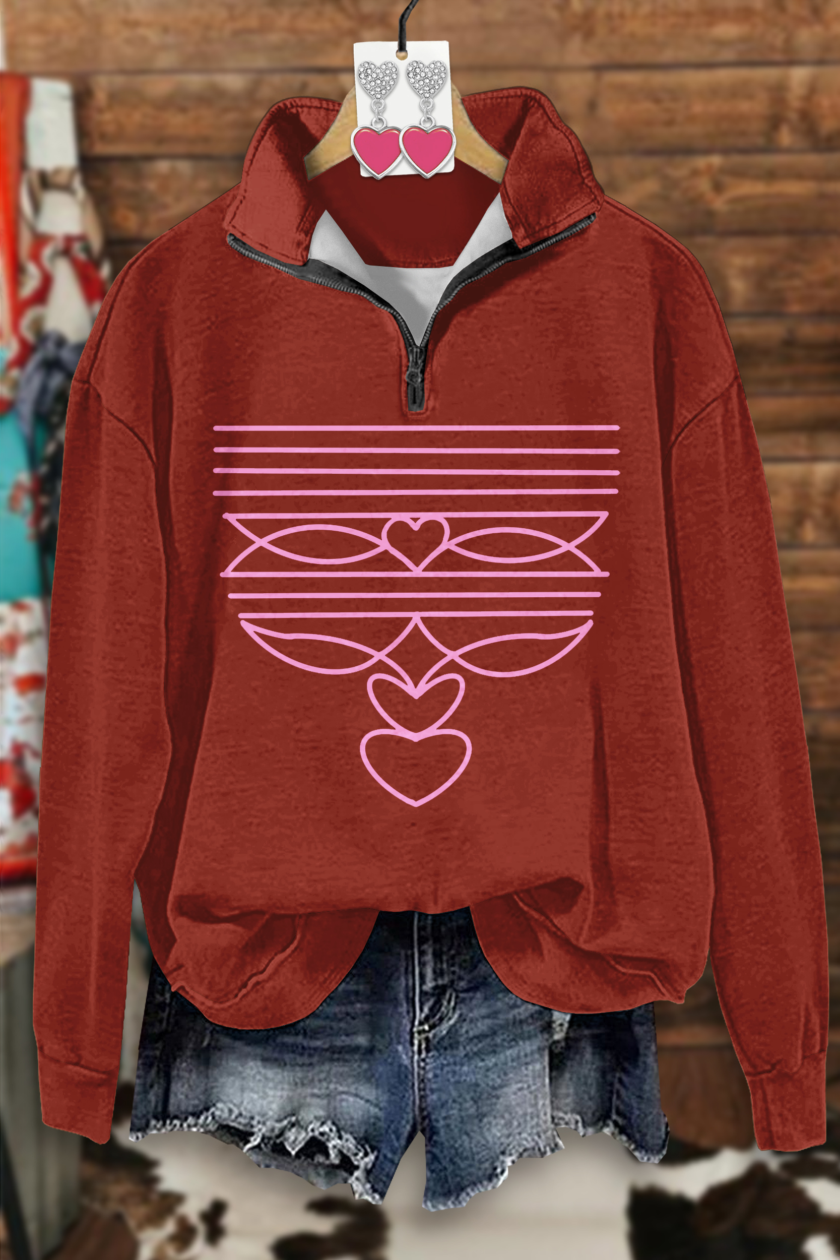 Western Boots Stitch Heart Zip-Up Sweatshirt