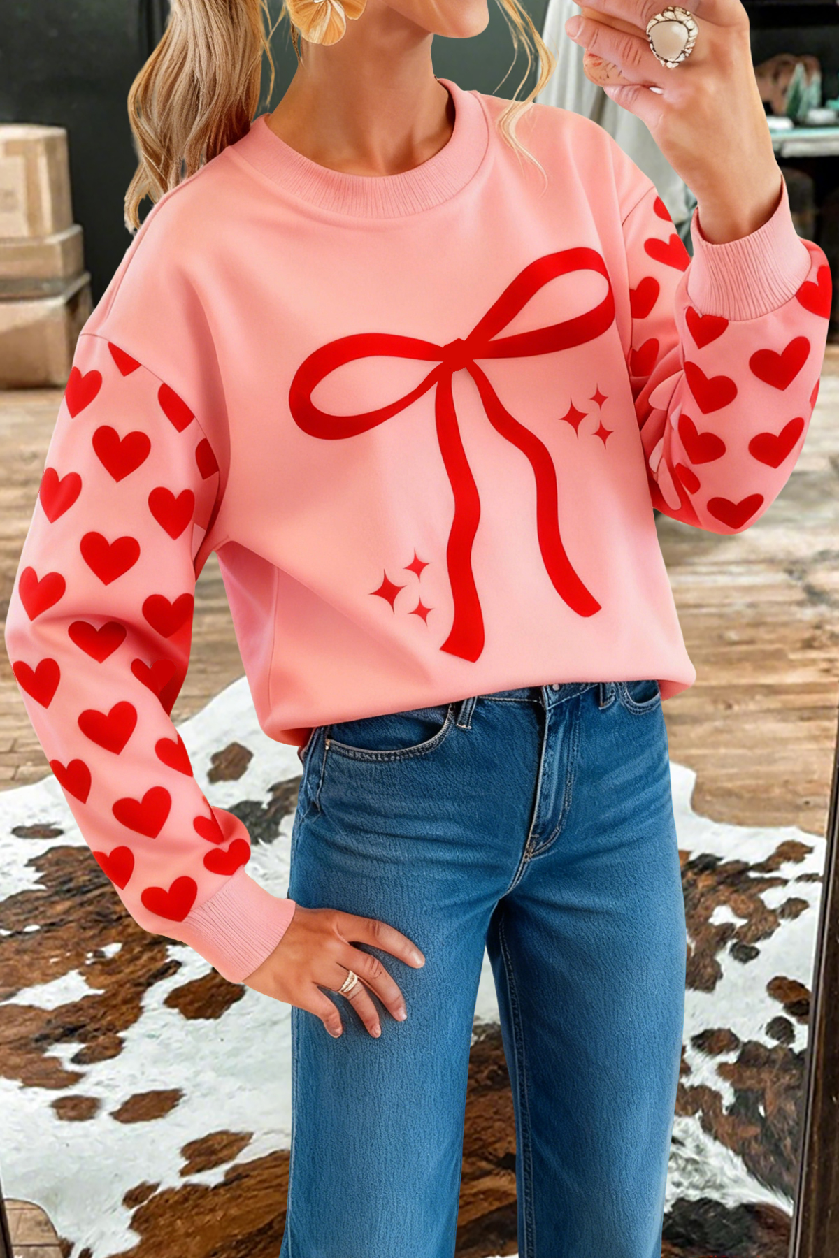 Valentine's Day Bow Heart Print Sweatshirt