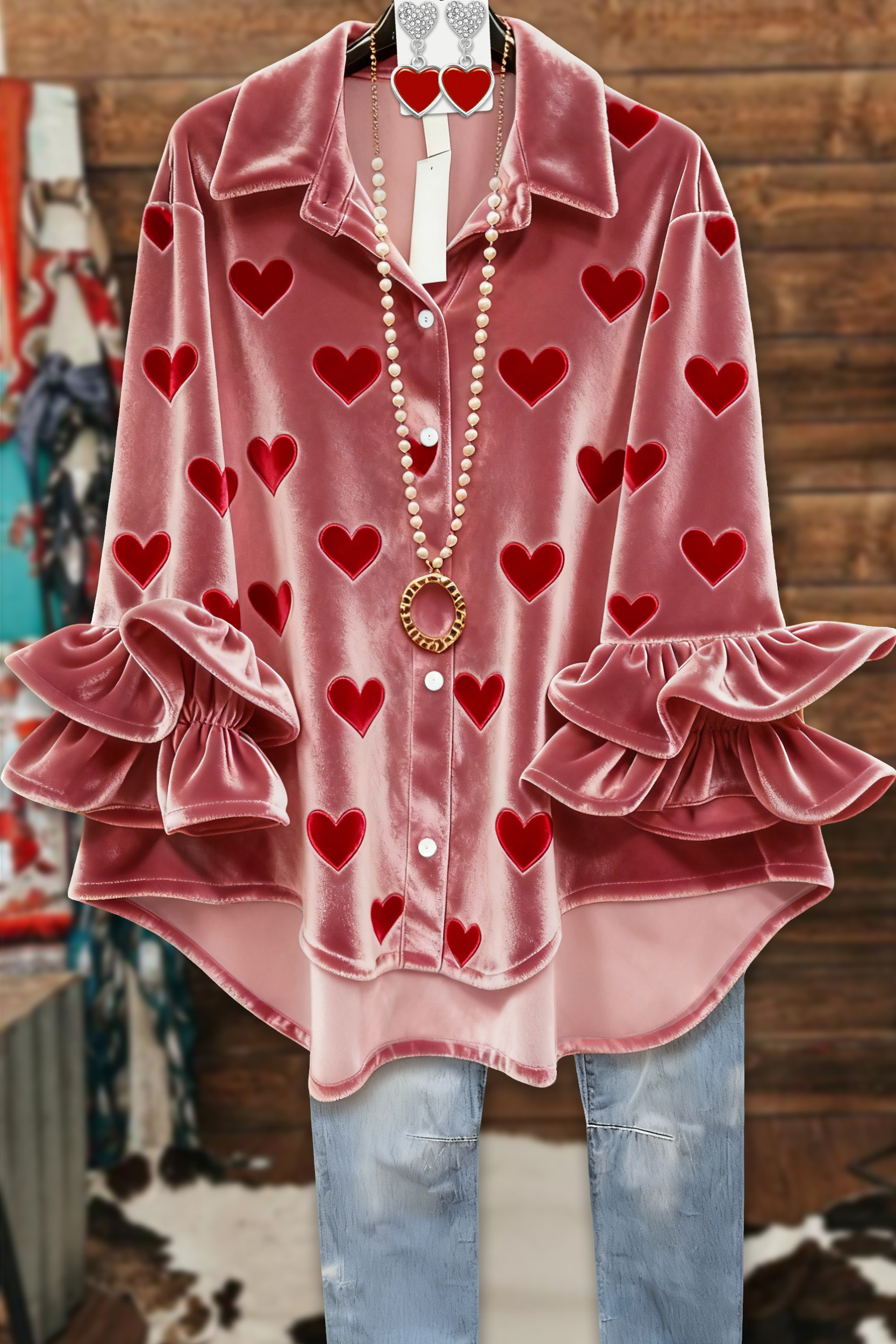 Valentine's Day Heart Ruffled Velvet Blouse