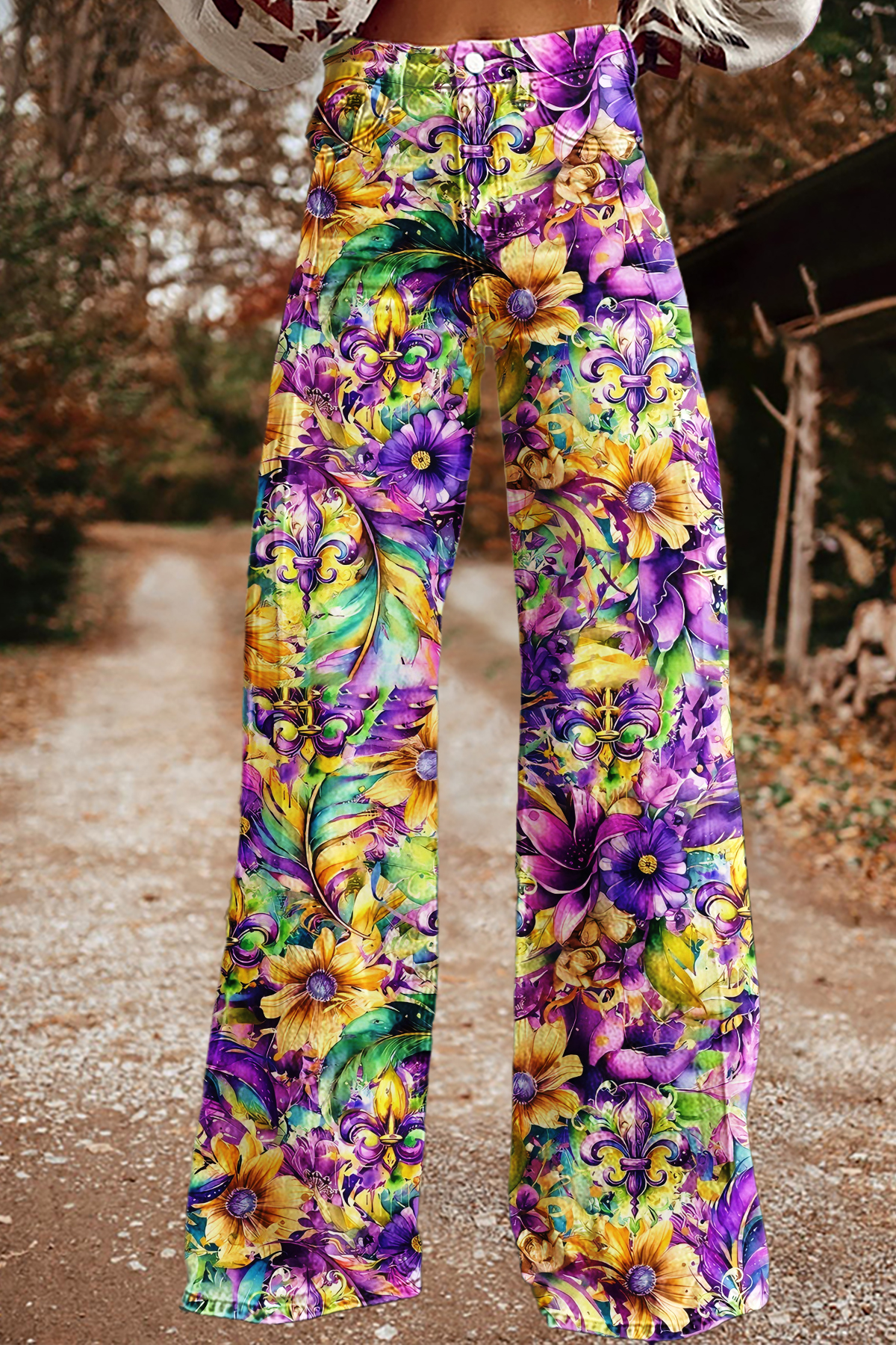 Mardi Gras Flowers Wide-Leg Pants