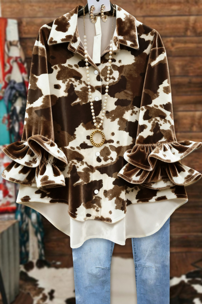 Classic Cow Print Ruffled Velvet Blouse