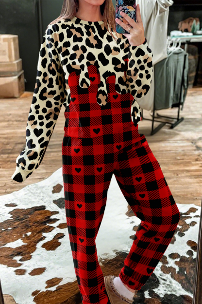 Classic Plaid Leopard Print Top And Pants Two-Piece Set