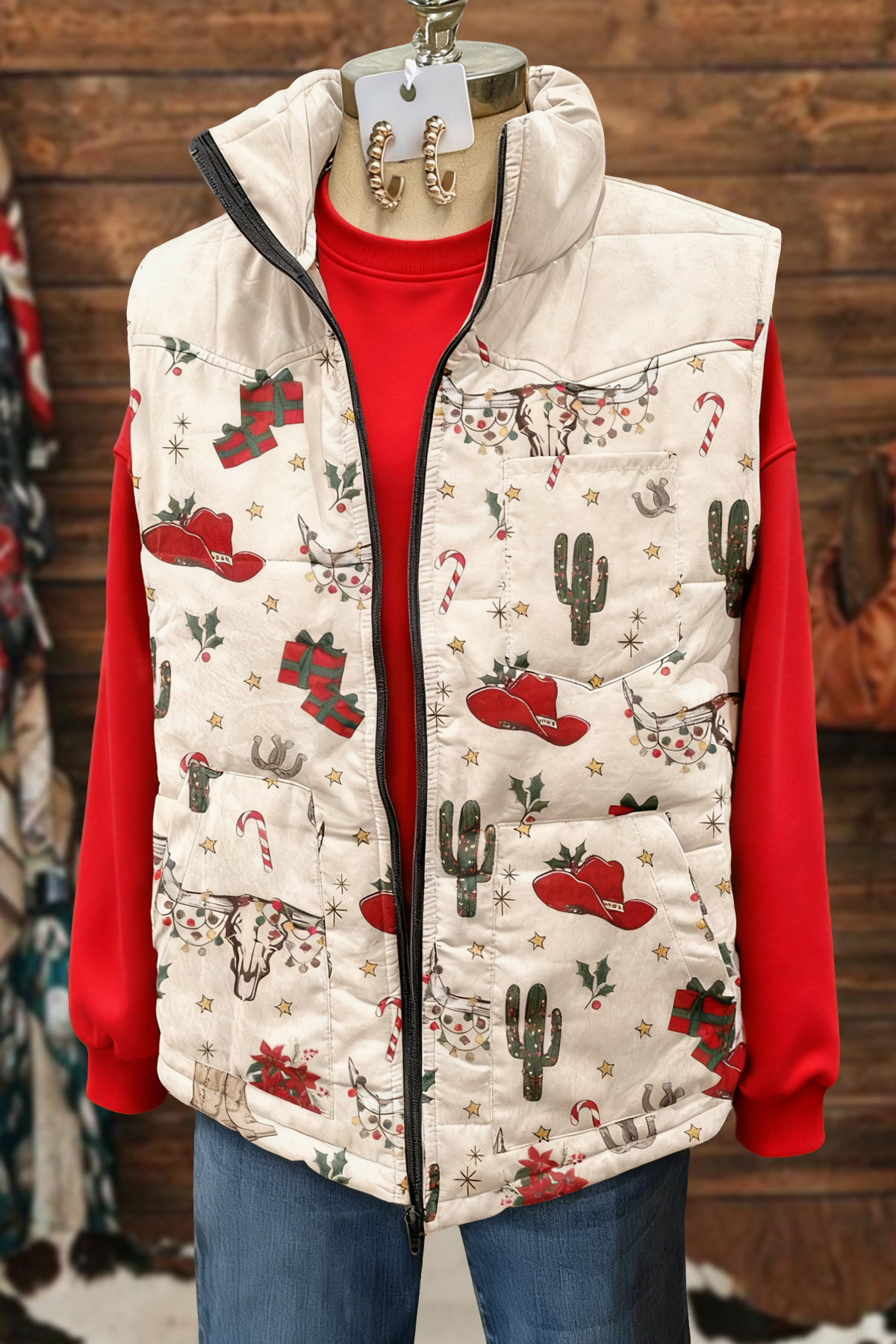 Western Christmas Longhorn Pocket Vest