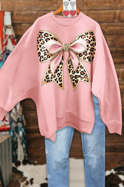 Sweet Bow Leopard Print Loose Sweatshirt