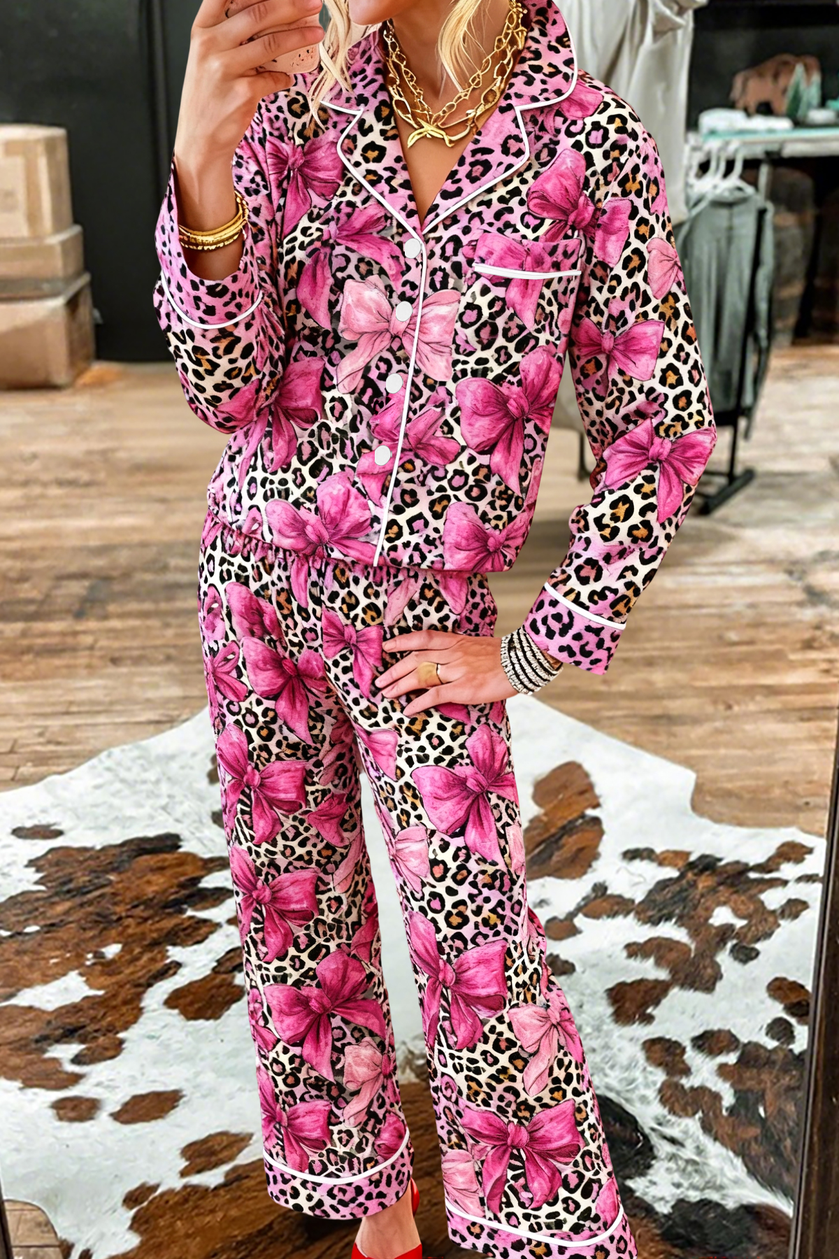 Leopard Print Bow Top And Pants Pajama Set