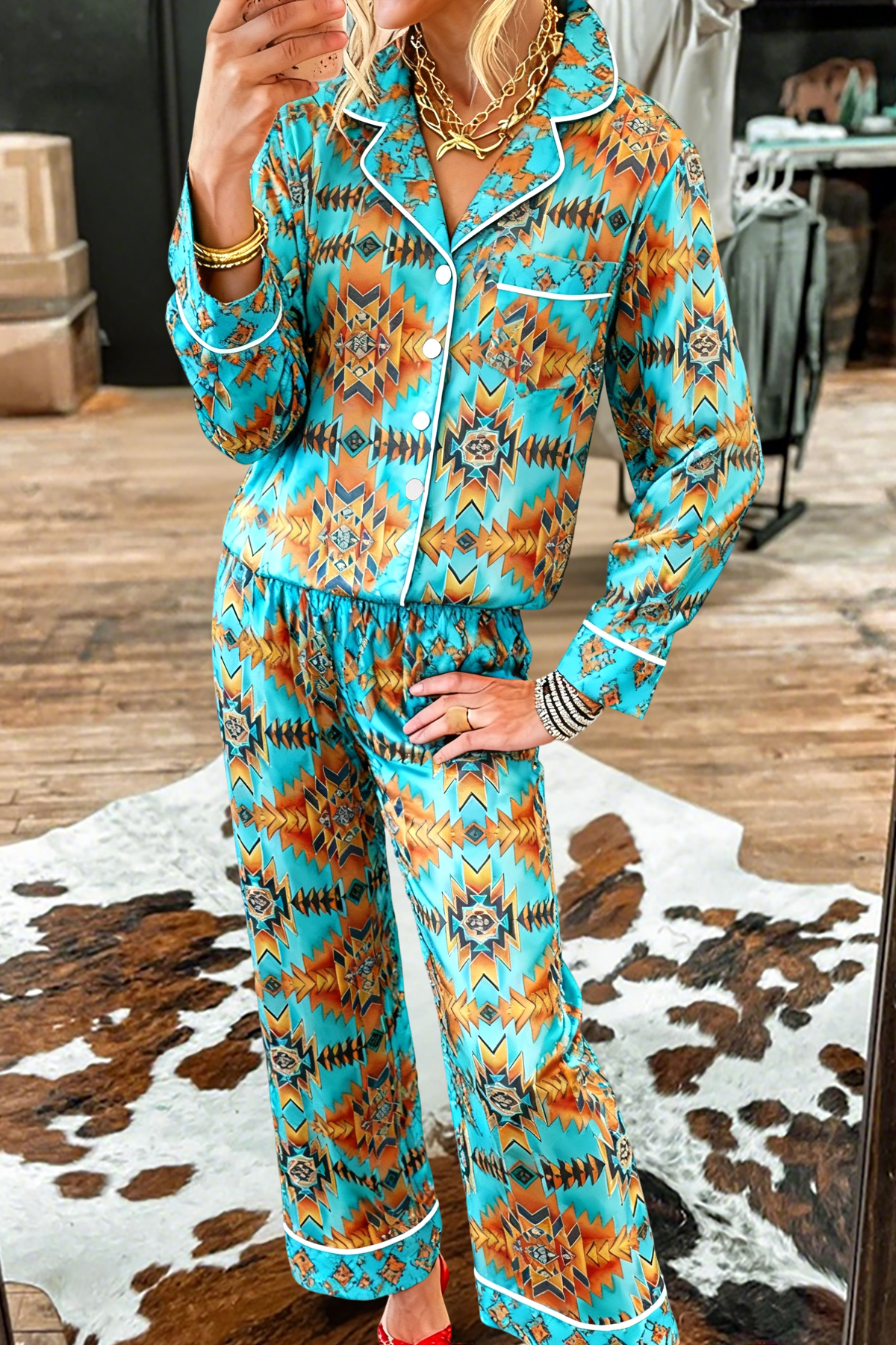 Western Aztec Top And Pants Pajama Set