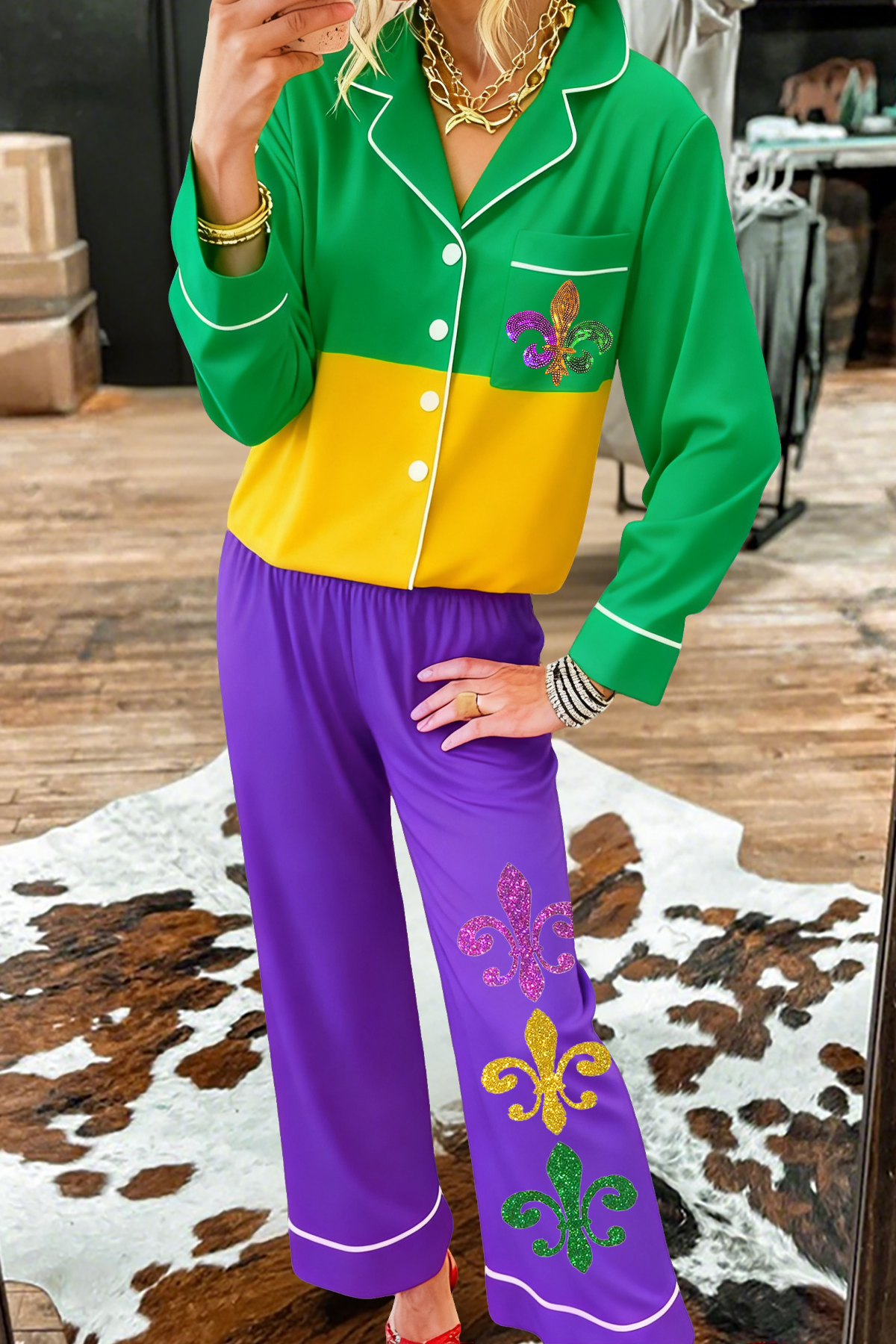 Mardi Gras Color Block Top And Pants Pajama Set