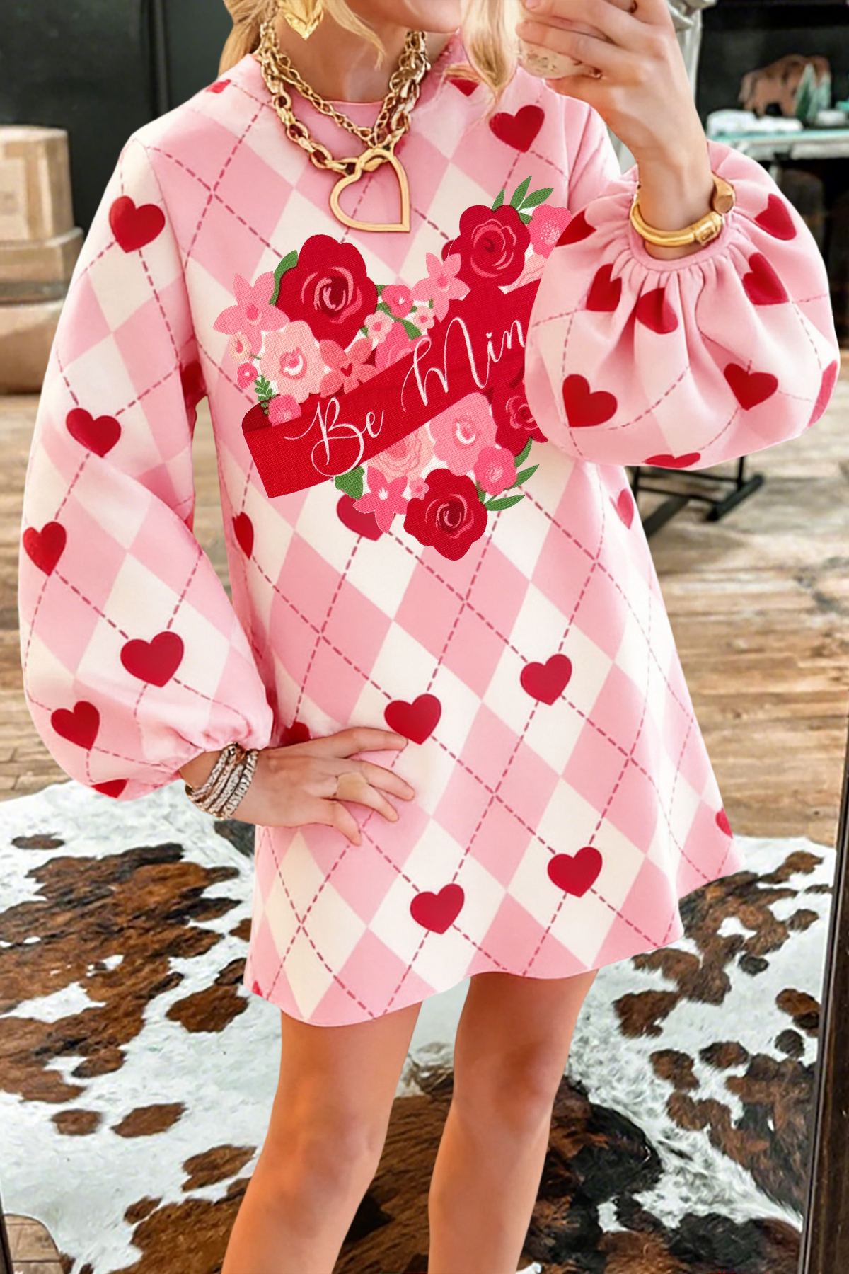 Women's dress | Valentine's Day Heart Argyle Sweatshirt Dress |westernfeelings