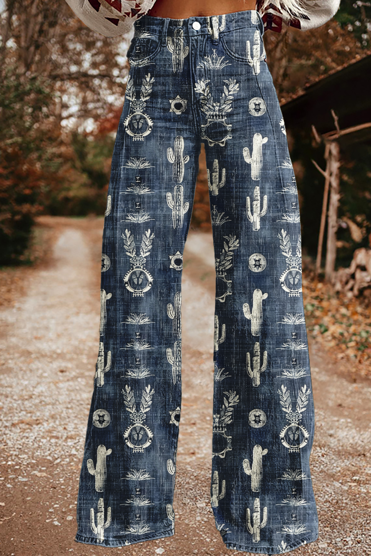 Western Cactus Print Wide-Leg Pants