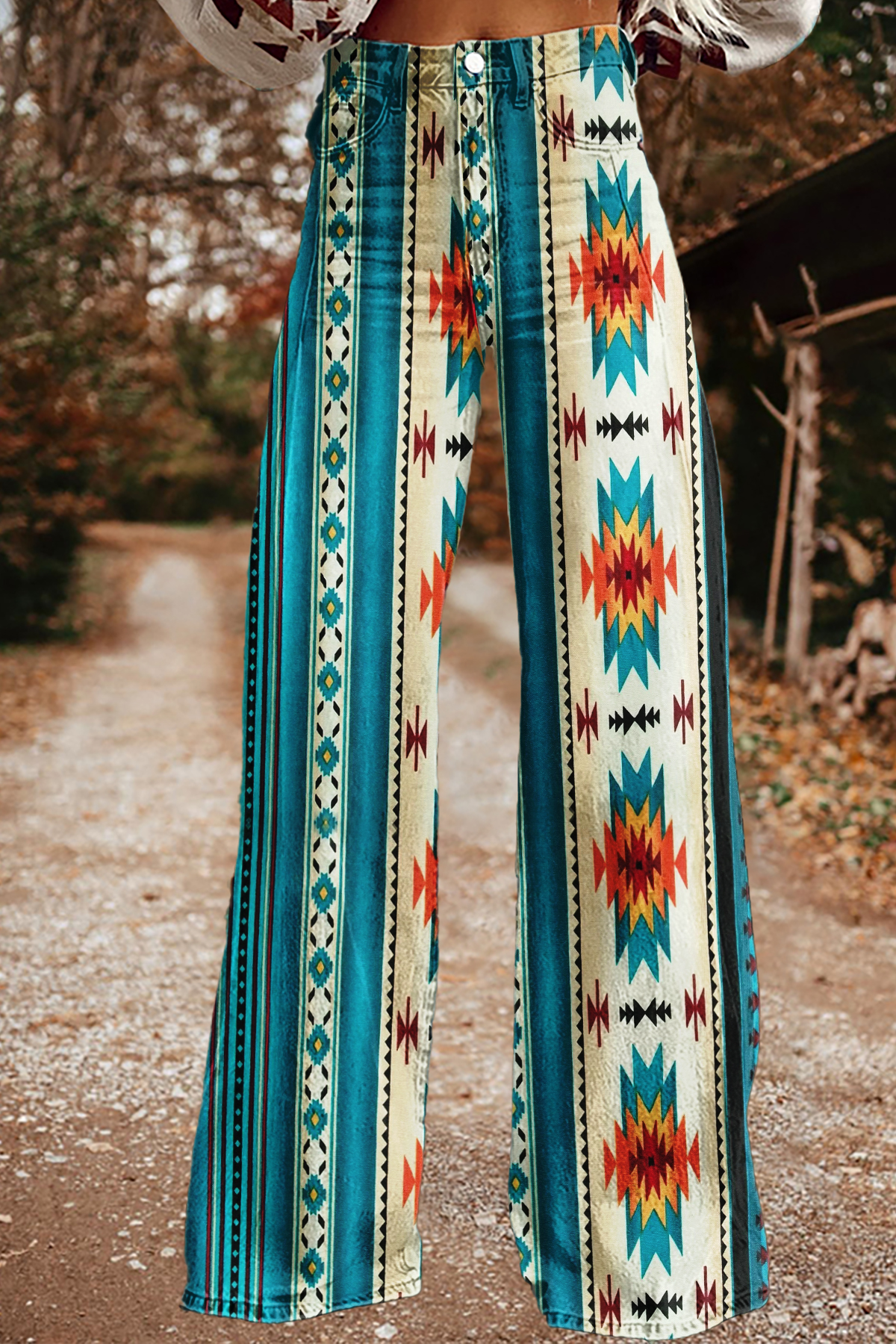 Western Aztec Print Wide-Leg Pants