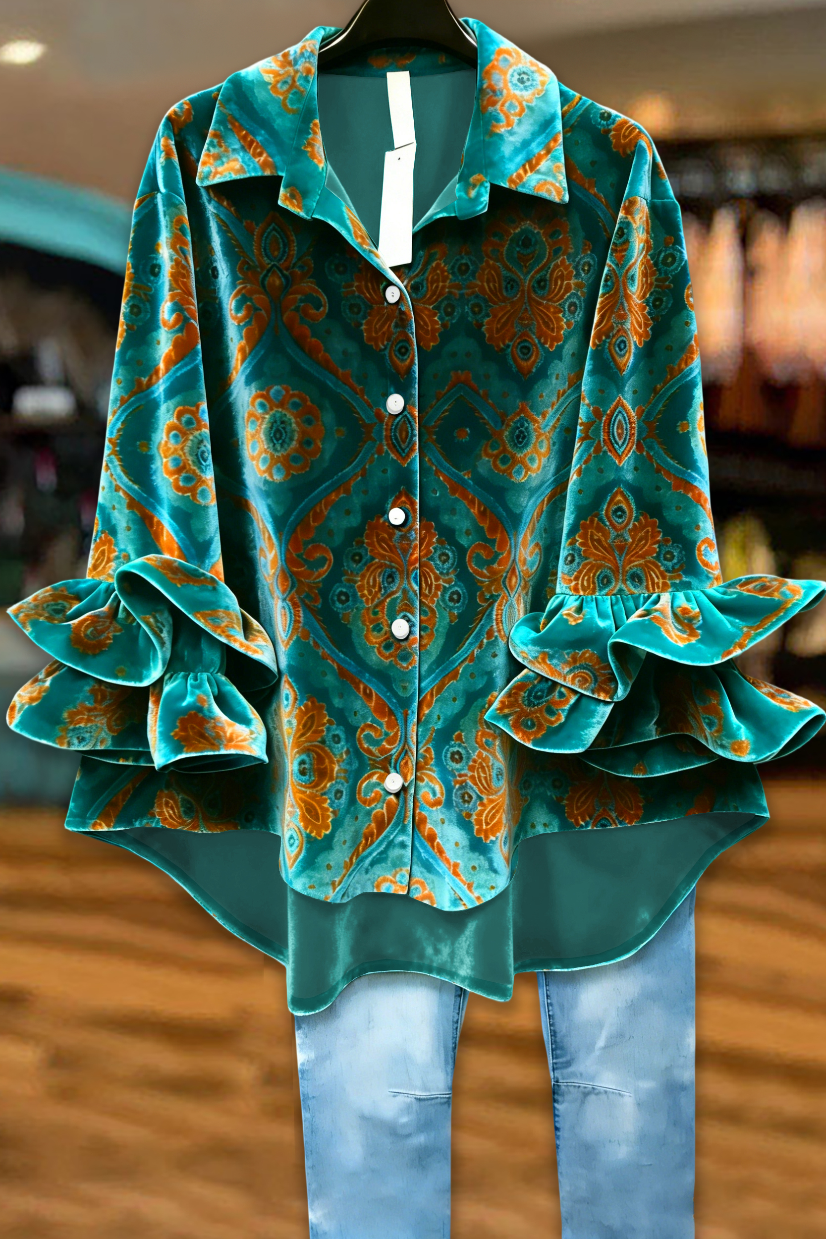 Vintage Print Ruffle Velvet Blouses