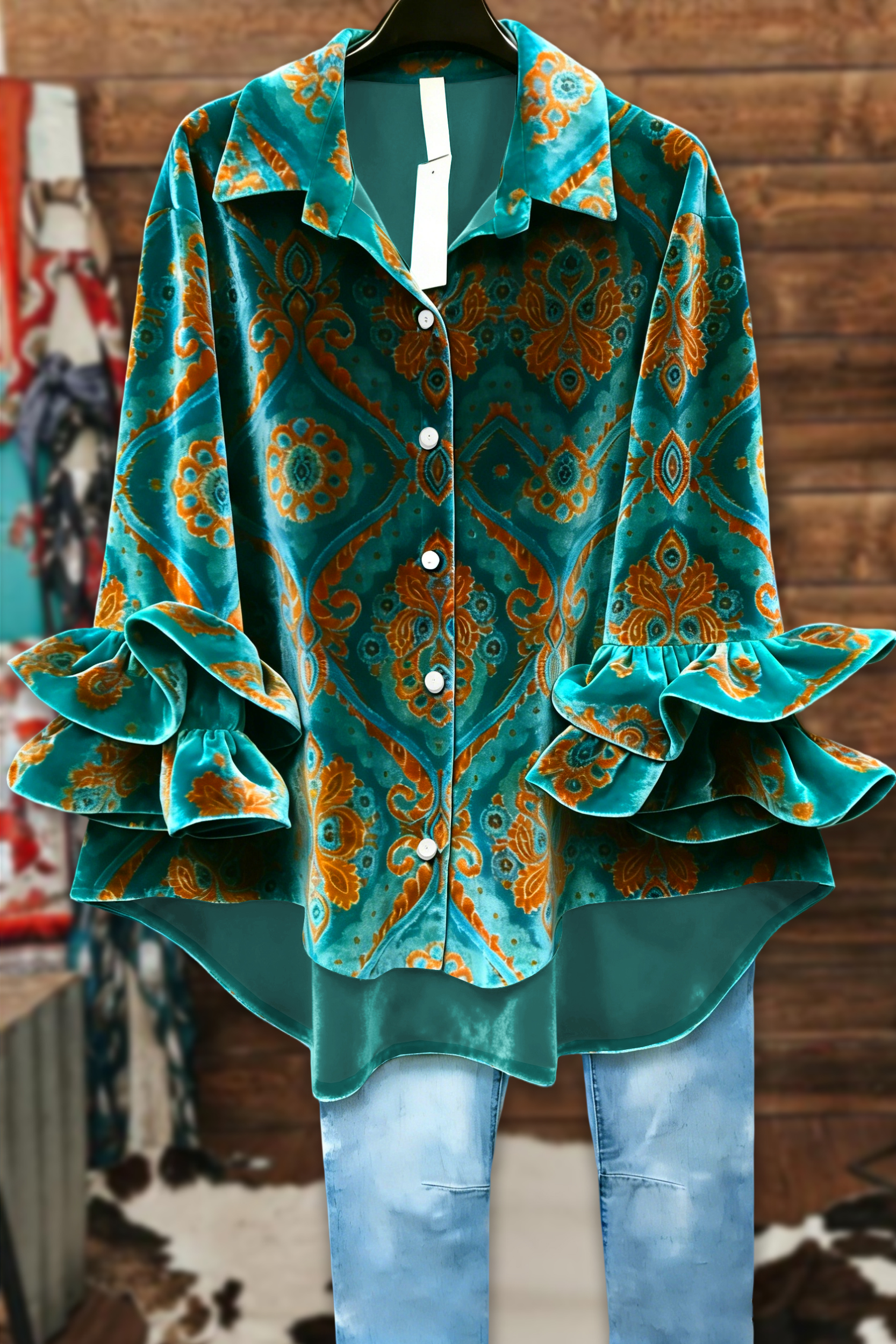 Vintage Print Ruffle Velvet Blouses