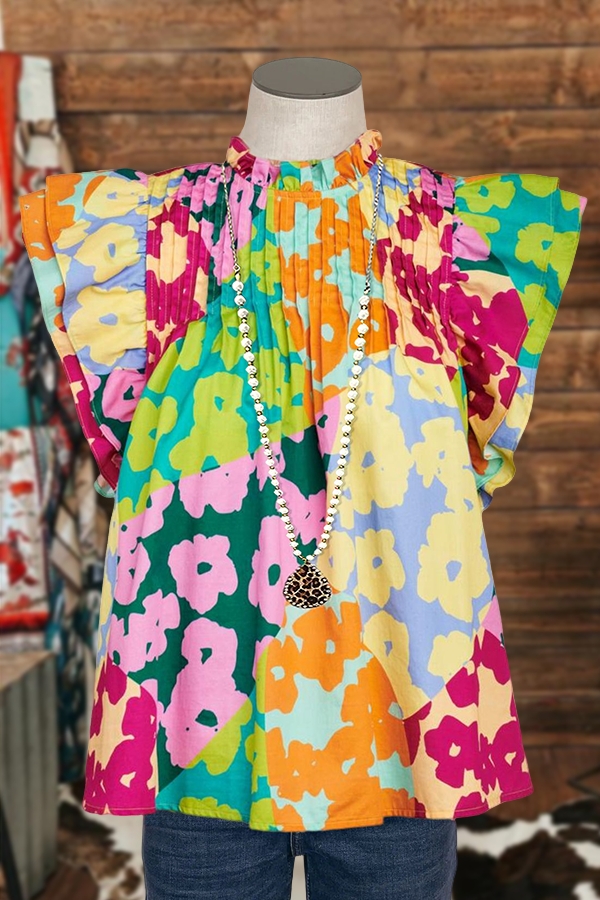 Multicolor Pleated Ruffle Sleeve Blouse