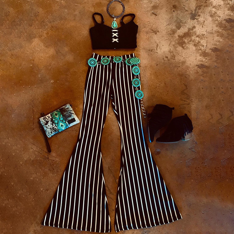 Vertical Stripe Print Flared Pants