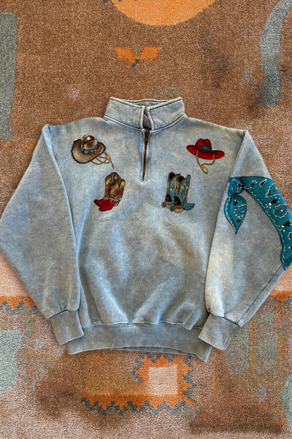 Western Boots Hat Printed Zip-Up Sweatshirt