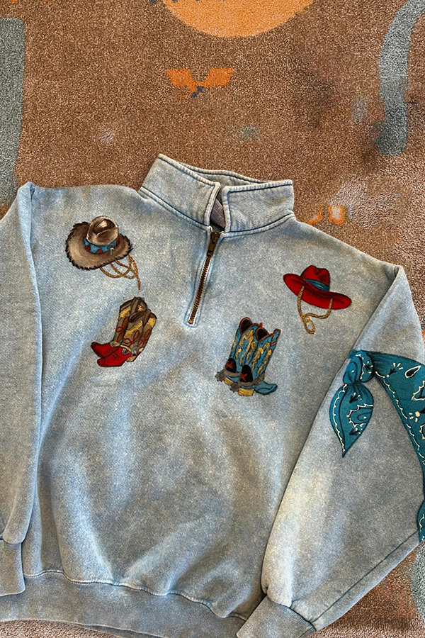 Western Boots Hat Printed Zip-Up Sweatshirt
