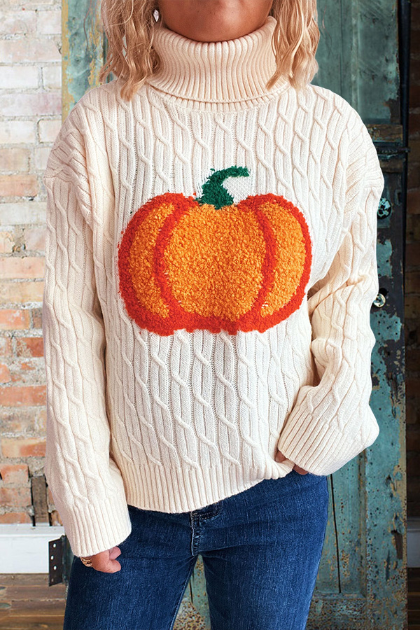 Halloween Pumpkin Towel Embroidery Turtleneck Cable Sweater