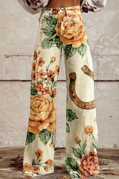 Retro Floral Horseshoe Wide Leg Pants
