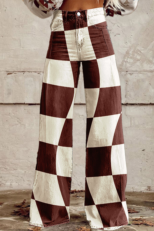 Wavy Plaid Wide Leg Pants