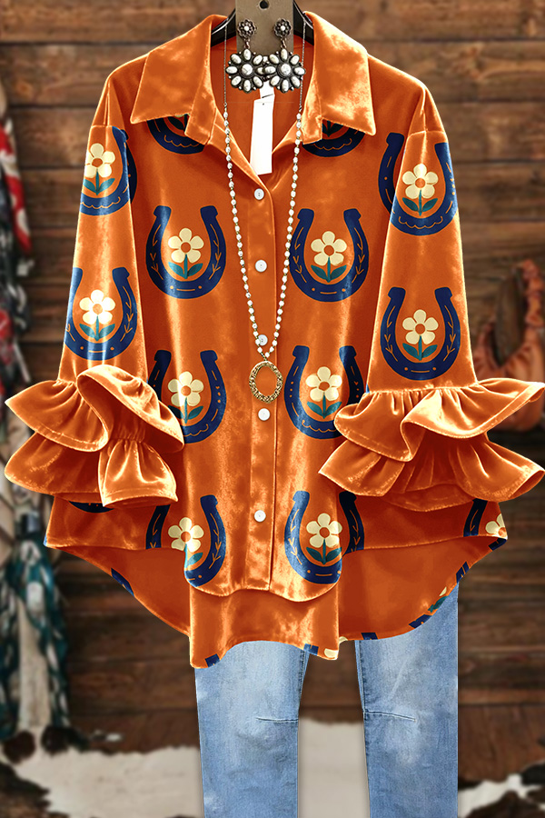 Velvet Floral Horseshoe Ruffle Top