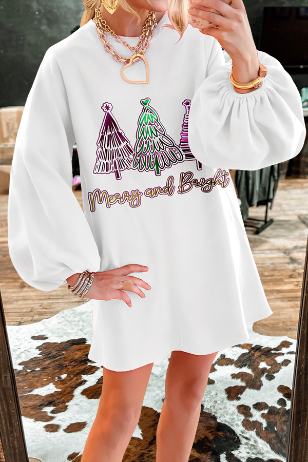 Christmas Tree Merry And Bright Puff Sleeve Sweatshirt Dress