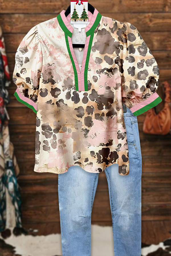 Christmas Pink Leopard Print Puff Sleeve Blouse