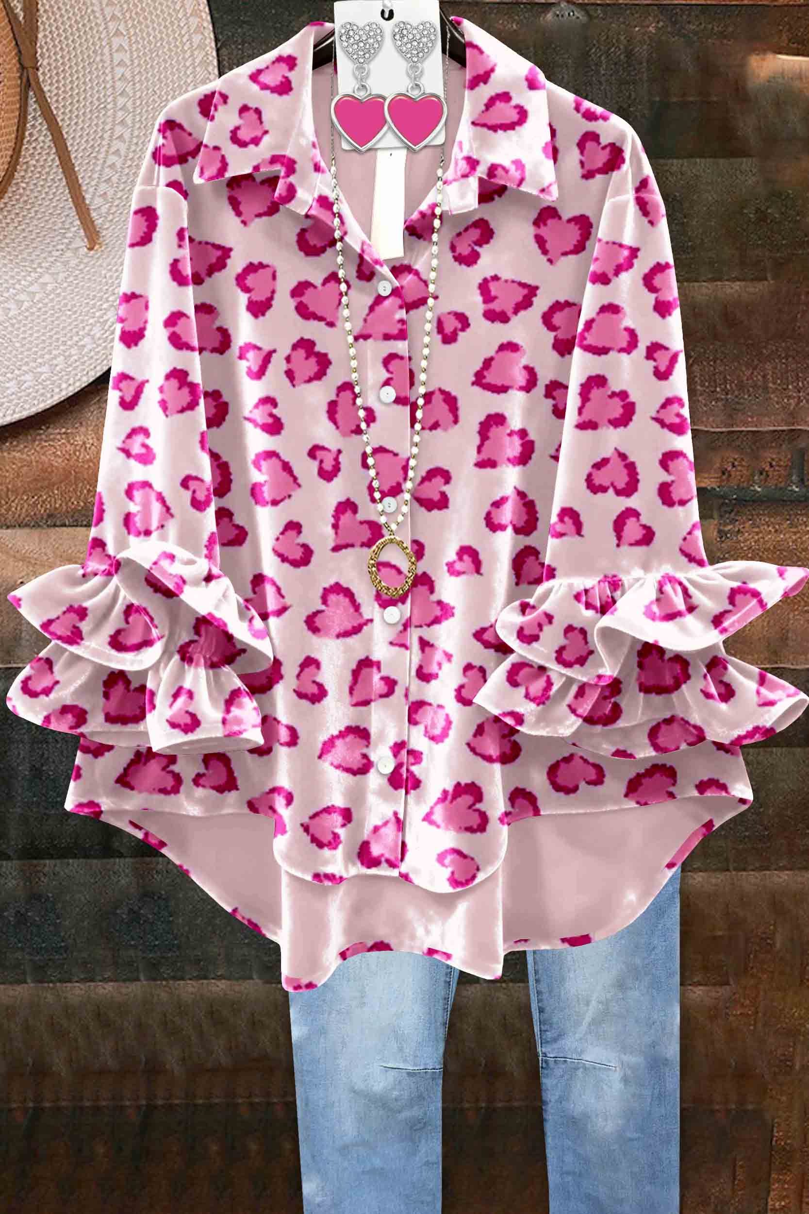 Valentine's Day Heart-Patterned Leopard Print Velvet Top