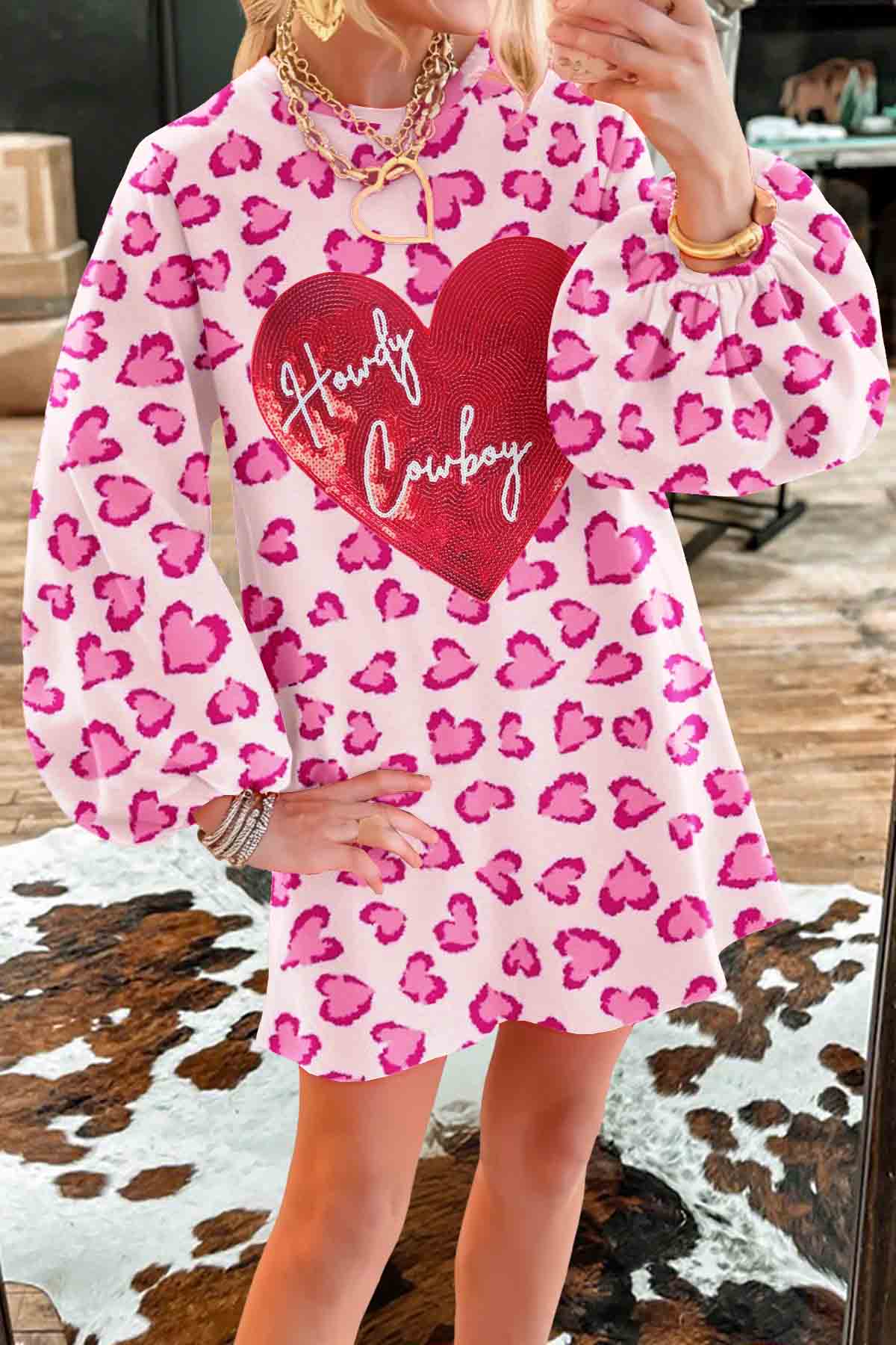 Valentine's Day Heart Leopard Print Puff Sleeve Dress