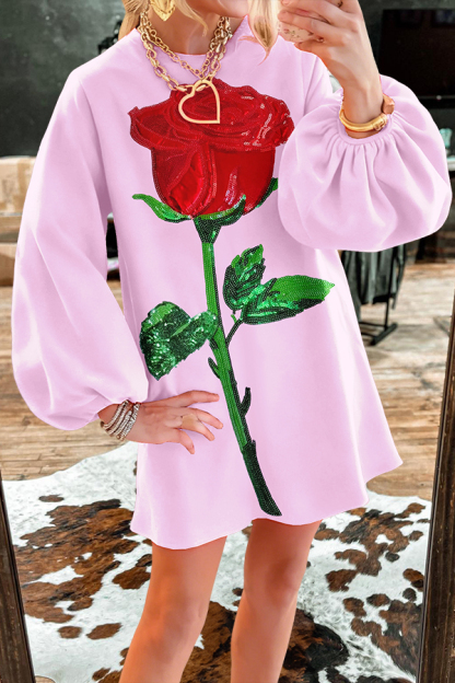Valentine's Day Sparkling Rose Puff Sleeve Dress