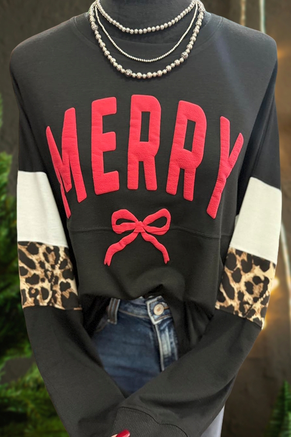 Merry Bow Leopard Print Sweatshirt