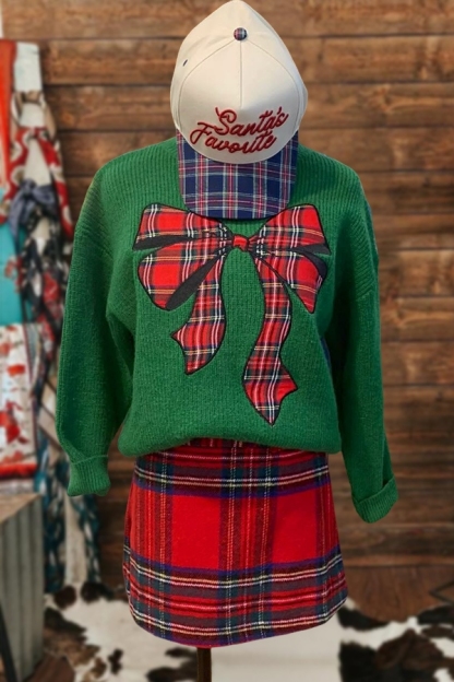 Classic Christmas Plaid Bow Sweater