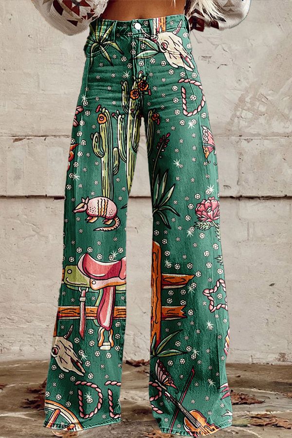 Western Cactus Bull Head Wide-Leg Pants