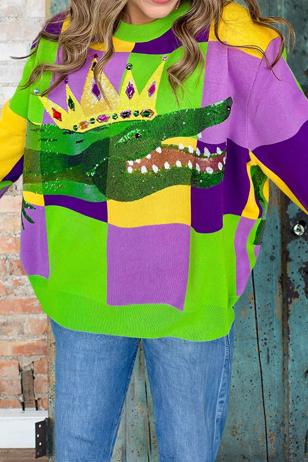 Women's sweater | Mardi Gras Checkered Crocodile Sweater |westernfeelings