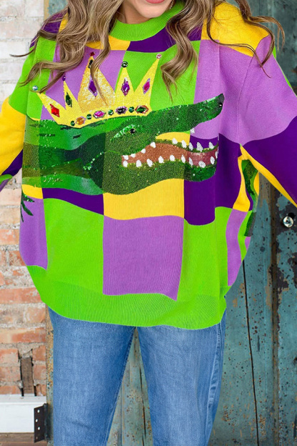 Mardi Gras Checkered Crocodile Sweater