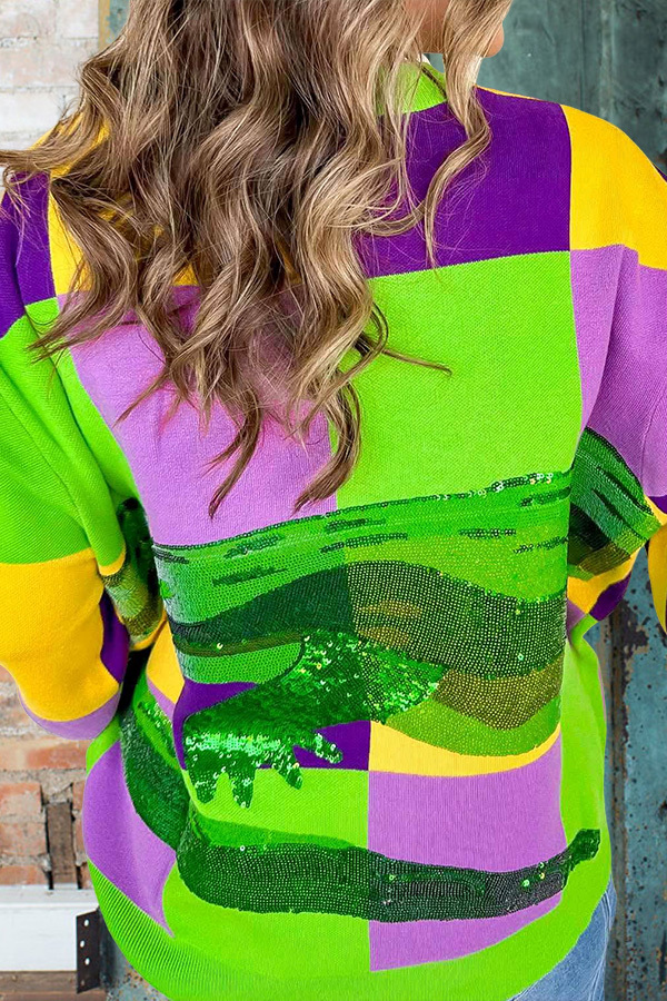 Mardi Gras Checkered Crocodile Sweater