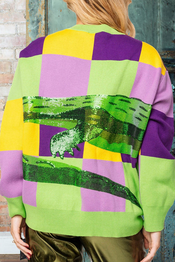 Mardi Gras Checkered Crocodile Sweater