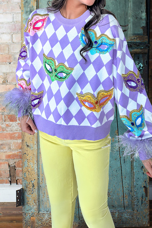 Mardi Gras Mask  Feather Sweater