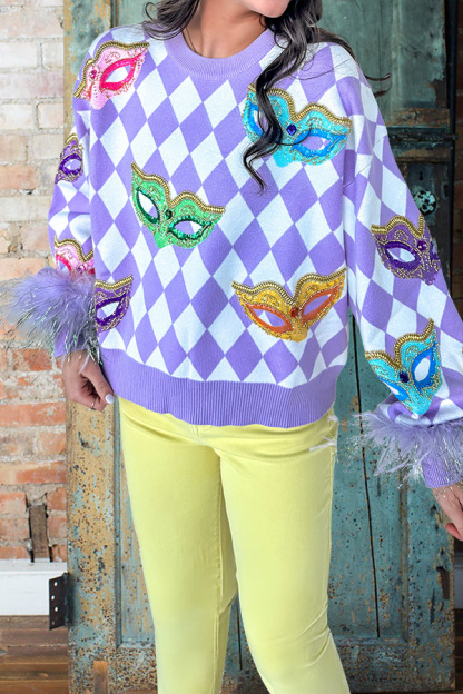 Mardi Gras Mask  Feather Sweater