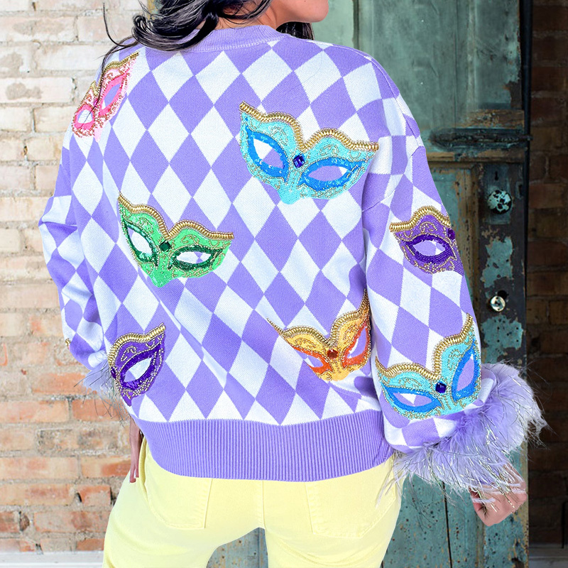Mardi Gras Mask  Feather Sweater
