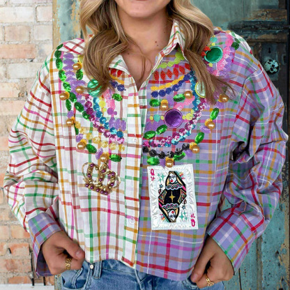 Mardi Gras Color-Blocked Plaid Beaded Shirt