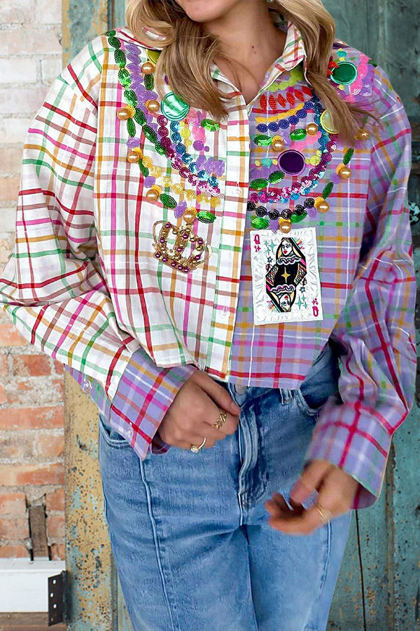Mardi Gras Color-Blocked Plaid Beaded Shirt
