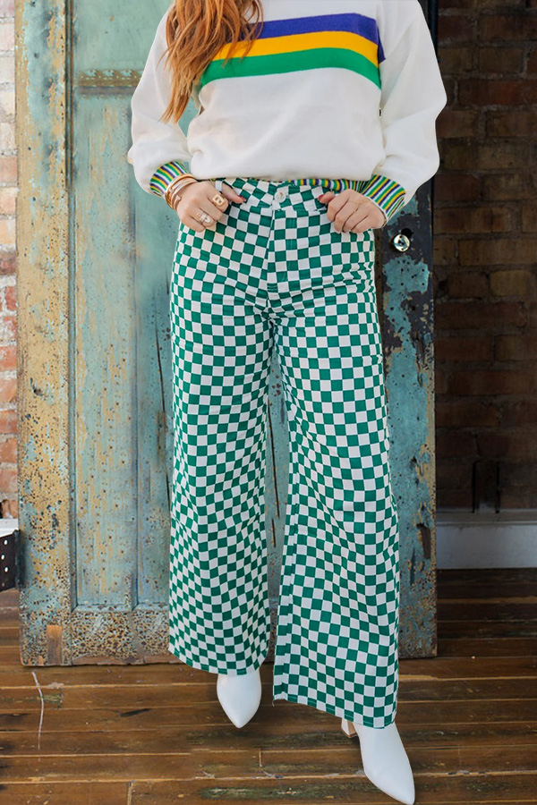 Mardi Gras Plaid Wide-Leg Pants