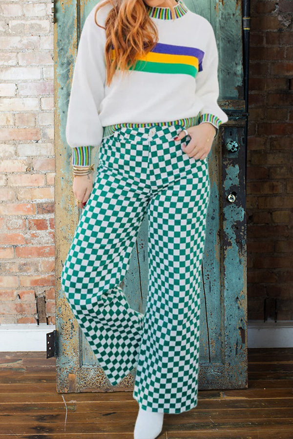 Mardi Gras Plaid Wide-Leg Pants