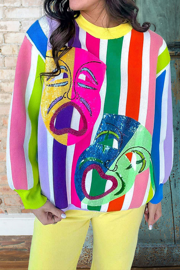 Mardi Gras Mask Striped Sweater